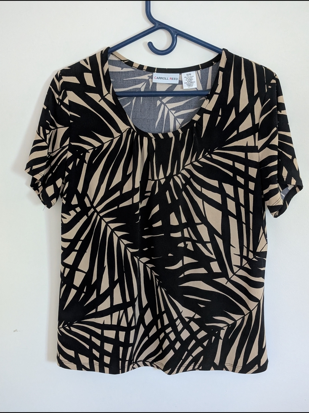 Carroll Reed Women's M Black Beige Leaf Knit Scoop Neck Stretch Pleated Top